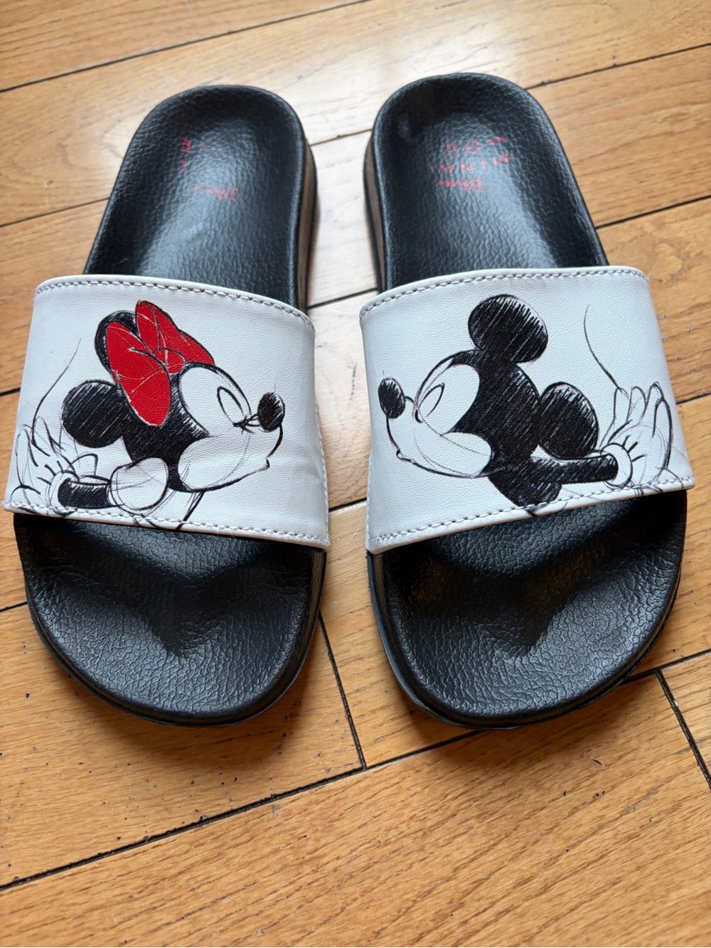 Disney Women’s Mickey & Minnie Slide Sandals - Black, White, Red